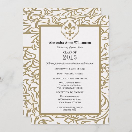 Gold White Fleur de Lis Floral Formal Afstuderen Kaart (Voorkant / Achterkant)