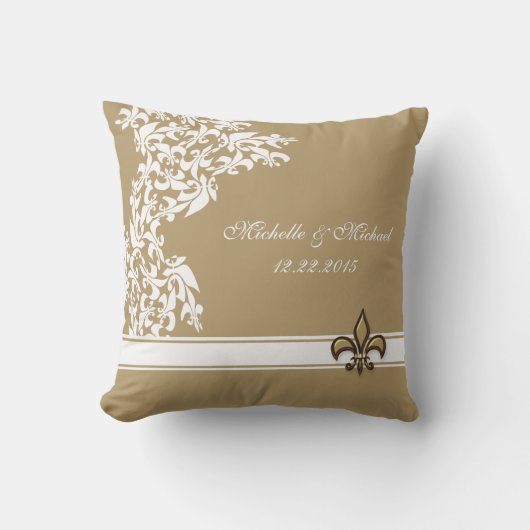 Gold White Fleur de Lis Keepomwille Pillow Kussen (Voorkant)
