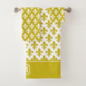 Gold White Fleur De Lis Pattern Monogram Bad Handdoek (Insitu)