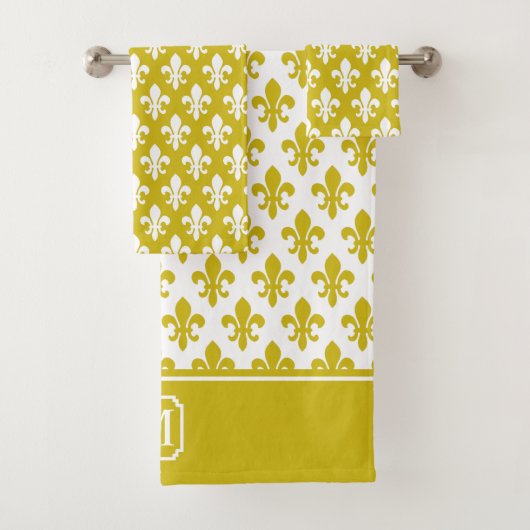 Gold White Fleur De Lis Pattern Monogram Bad Handdoek (Insitu)