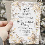 Gold White Floral 50e Jubileum Kaart<br><div class="desc">Elegant gouden lijnkunst rozen en laat je details van je 50ste trouwfeest rondhangen.</div>