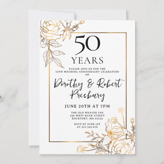 Gold White Floral 50th Jubileum Invitation Kaart (Voorkant)
