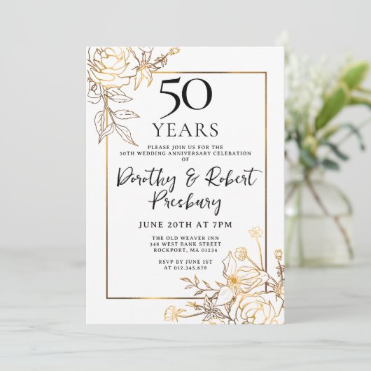 Gold White Floral 50th Jubileum Invitation Kaart (Staand voorkant)