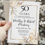 Gold White Floral 50th Jubileum Invitation Kaart<br><div class="desc">Elegant gouden lijnkunst rozen en laat je details van je 50ste trouwfeest rondhangen.</div>