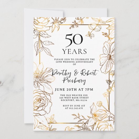 Gold White Floral 50th Jubileum Invitation Kaart (Voorkant)
