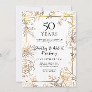 Gold White Floral 50th Jubileum Invitation Kaart