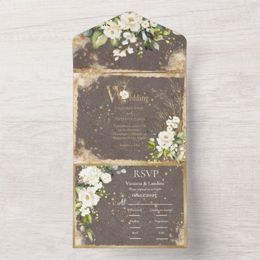Gold White Floral botanische elegant All In One Uitnodiging (Binnen)