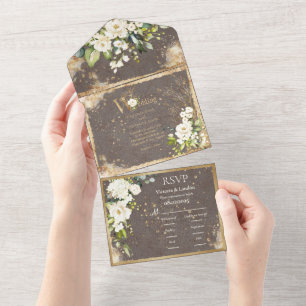 Gold White Floral botanische elegant All In One Uitnodiging