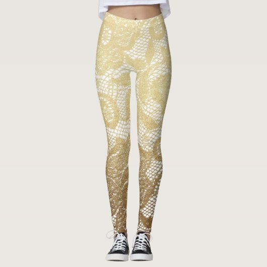 Gold & White Floral Faux Lace Leggings (Voorkant)