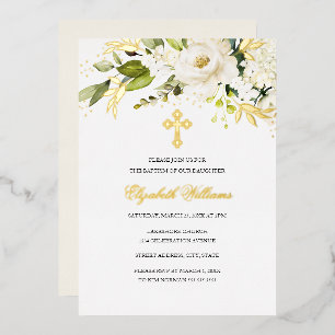 Gold White Floral Girl Baptism Folie Uitnodiging