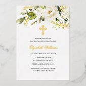 Gold White Floral Girl Baptism Folie Uitnodiging (Voorkant)