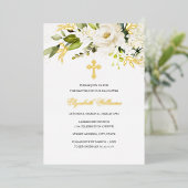 Gold White Floral Girl Baptism Folie Uitnodiging (Staand Voorkant)