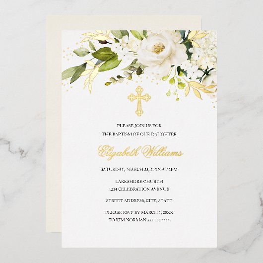 Gold White Floral Girl Baptism Folie Uitnodiging (Voorkant / Achterkant)