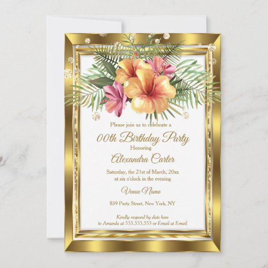 Gold white Floral Hibiscus Birthday Party Kaart (Voorkant)
