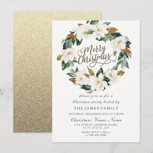 Gold & White Floral Leaf Wreate Kerstparty Kaart (Voorkant / Achterkant)