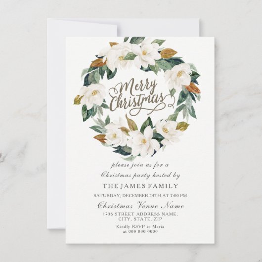 Gold & White Floral Leaf Wreate Kerstparty Kaart (Voorkant)