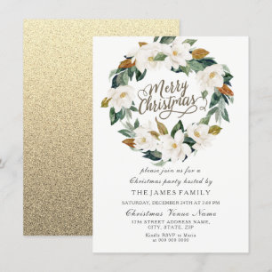Gold & White Floral Leaf Wreate Kerstparty Kaart