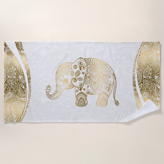 Gold & White Floral Paisley Elephant Strandlaken (Voorkant)