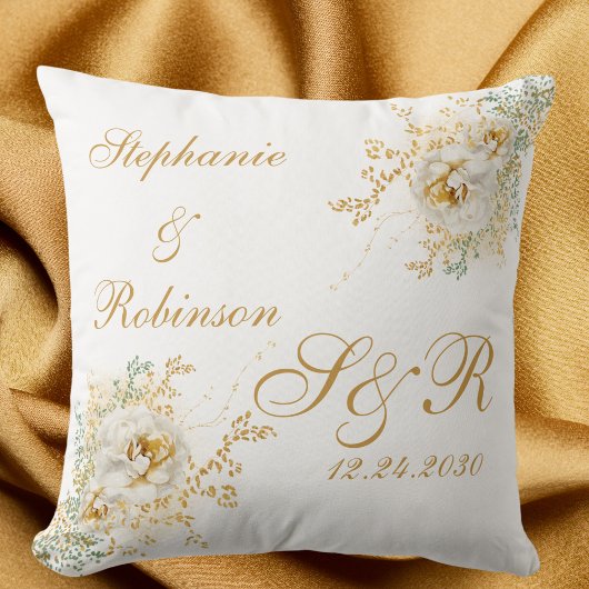 Gold White Floral Waterverf Monogram Weddenschap Kussen