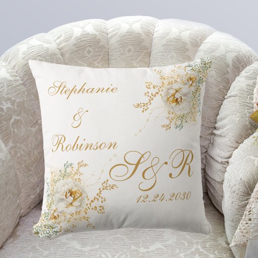 Gold White Floral Waterverf Monogram Weddenschap Kussen