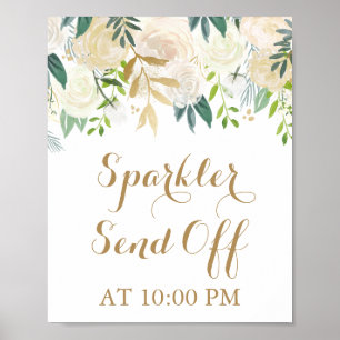 Gold White Flower Sparkler Send Off Sign Poster
