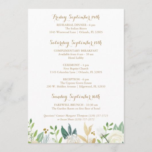 Gold White Flower Weddenschap Welkomstkaarten Programmakaart (Achterkant)