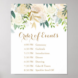 Gold White Flower Wedding Order of Events Sign Poster