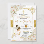 Gold White Flowers Girl First Heilige Communie Kaart (Voorkant)