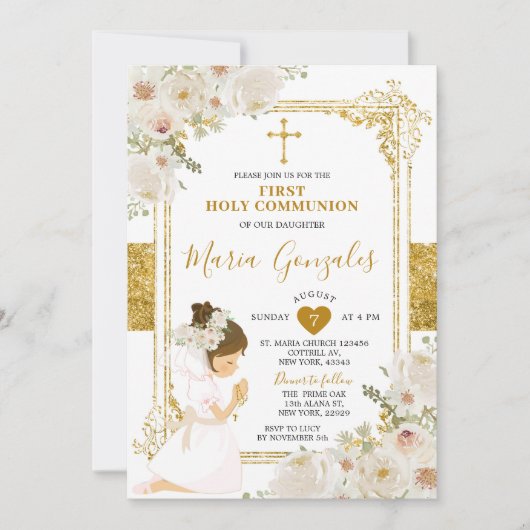Gold White Flowers Girl First Heilige Communie Kaart (Voorkant)