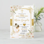 Gold White Flowers Girl First Heilige Communie Kaart (Staand voorkant)