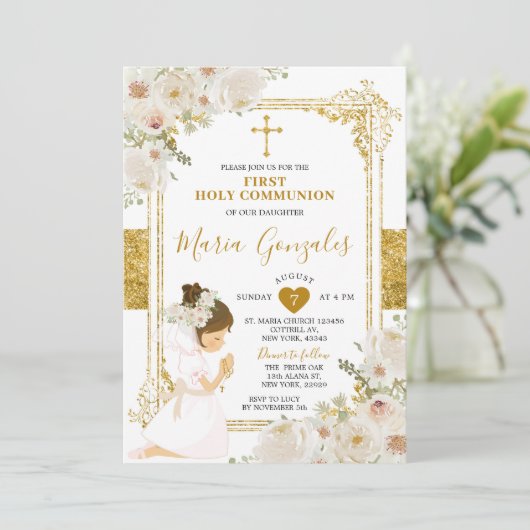 Gold White Flowers Girl First Heilige Communie Kaart (Staand voorkant)