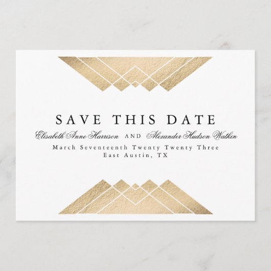 Gold White Geometric Gatsby Folie Save the Date An Aankondiging (Voorkant)