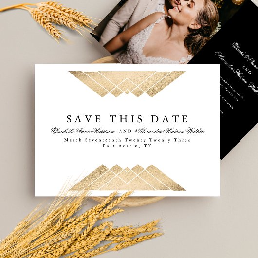 Gold White Geometric Gatsby Folie Save the Date An Aankondiging