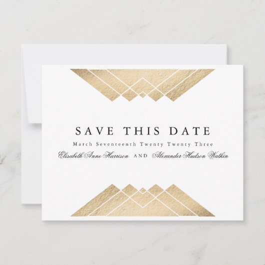 Gold White Geometric Gatsby Folie sparen de datum Aankondiging (Voorkant)