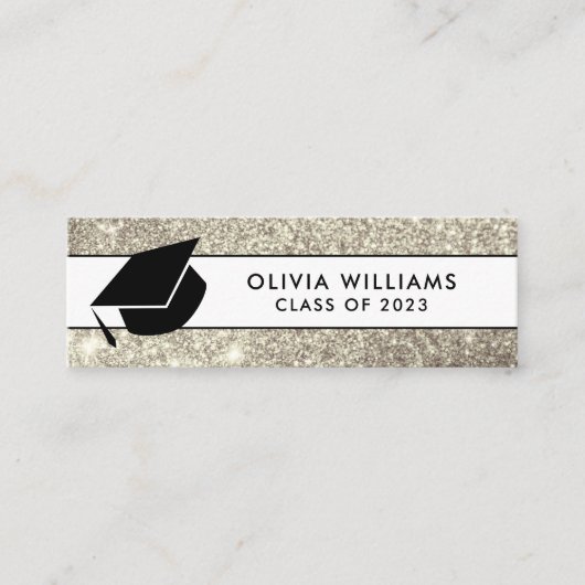 Gold White Glitter Afstudeerder Pet Afstuderen Inv Mini Visitekaartje (Voorkant)