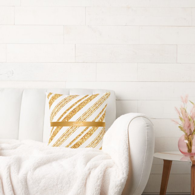 Gold White Glitter Boho Popular Stripes Collectie Kussen (Bank)