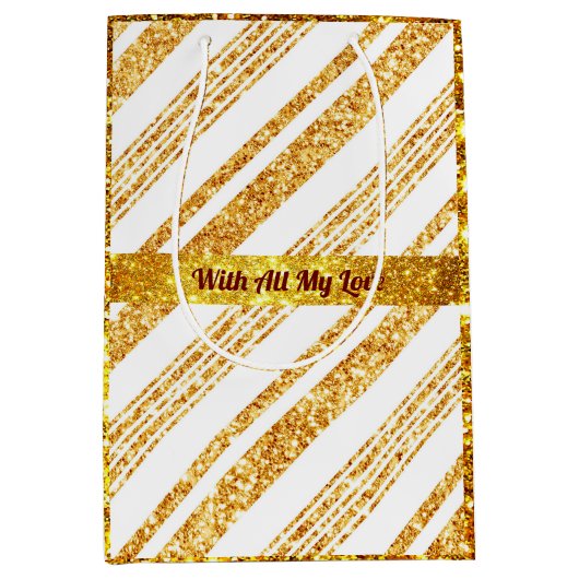 Gold White Glitter Boho Popular Stripes Collectie Medium Cadeauzakje (Voorkant)
