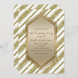 Gold White Glitter Stripes Birthday Party Event Kaart