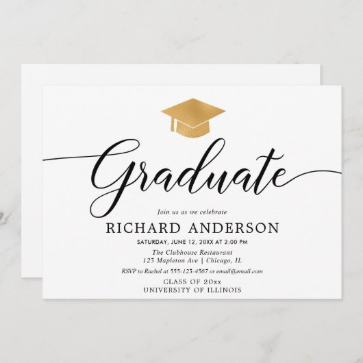 Gold white graduparty, eenvoudige kalligrafie kaart (Voorkant / Achterkant)