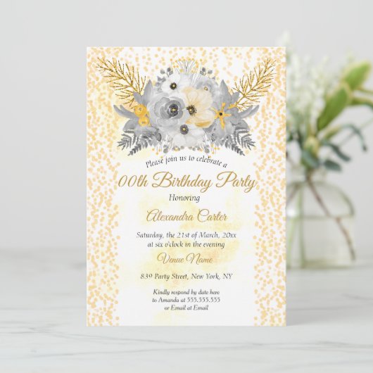 Gold White gray Floral Bouquet Birthday Party Kaart (Staand voorkant)