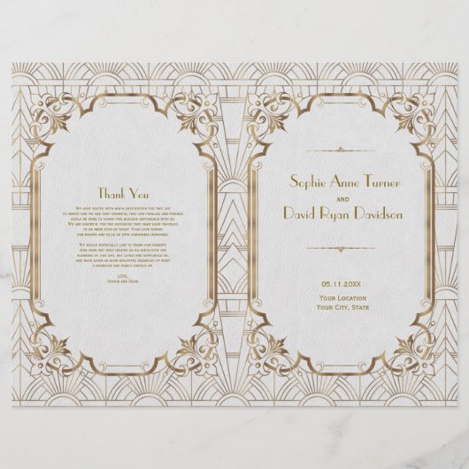 Gold White Great Gatsby Art Deco Wedding Program (Voorkant)