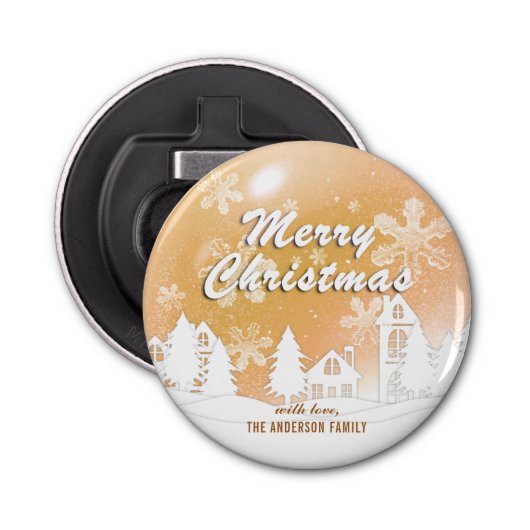 Gold White House Snowflakes Nieuwjaar Button Flesopener (Voorkant)