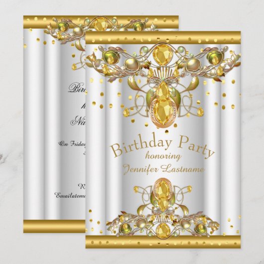 Gold White Jeweled Birthday Party Invitation Kaart (Voorkant / Achterkant)