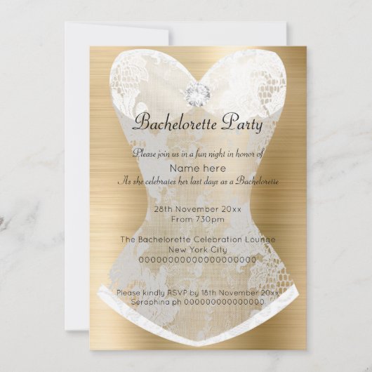 GOLD WHITE LACE CORSET BACHELORETTE INVITATION KAART (Voorkant)