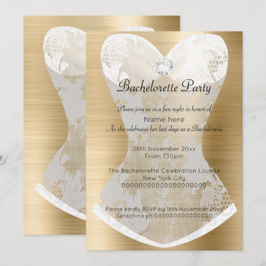GOLD WHITE LACE CORSET BACHELORETTE INVITATION KAART (Voorkant / Achterkant)
