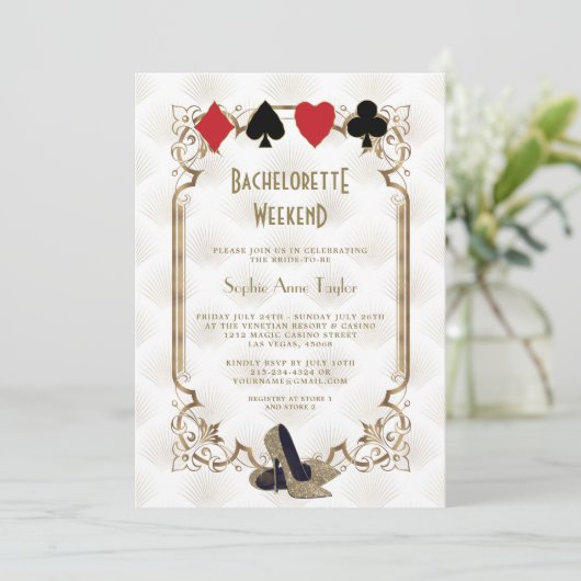 Gold White Las Vegas Casino Bachelorette Weekend Kaart (Staand voorkant)