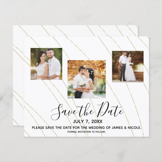 Gold & White Lines Photo Weddenschap Save the Date (Voorkant / Achterkant)