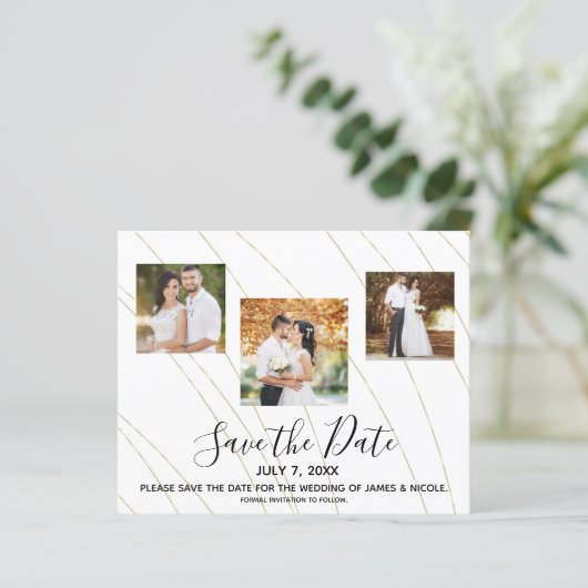 Gold & White Lines Photo Weddenschap Save the Date (Staand voorkant)