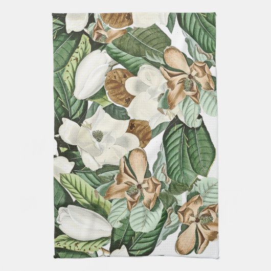 Gold White Magnolia Flowers Floral Kitchen Towel Theedoek (Verticaal)