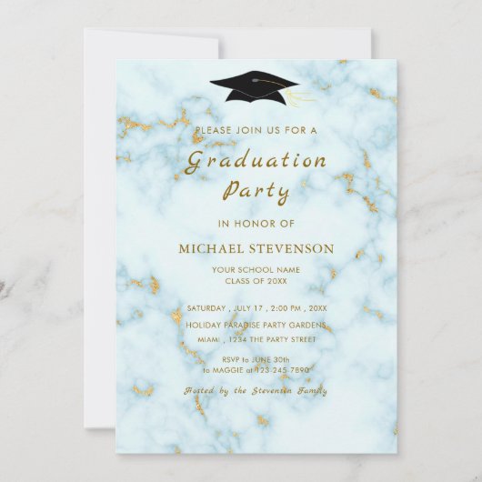Gold White Marble Afstuderen Invitation Sjabloon (Voorkant)